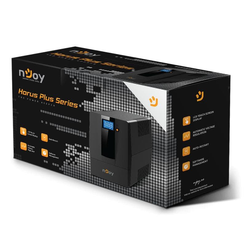 UPS nJoy Horus Plus 600, 600VA/360W, Afisaj LCD cu ecran tactil, 2 Prize Schuko cu Protectie, Repornire Automata, RJ11 protectie pentru linia de telefon/modem, Posibilitatea de monitorizare si control prin USB, LAN si internet, port de comunicare USB, rata de eficienta pana la 90%