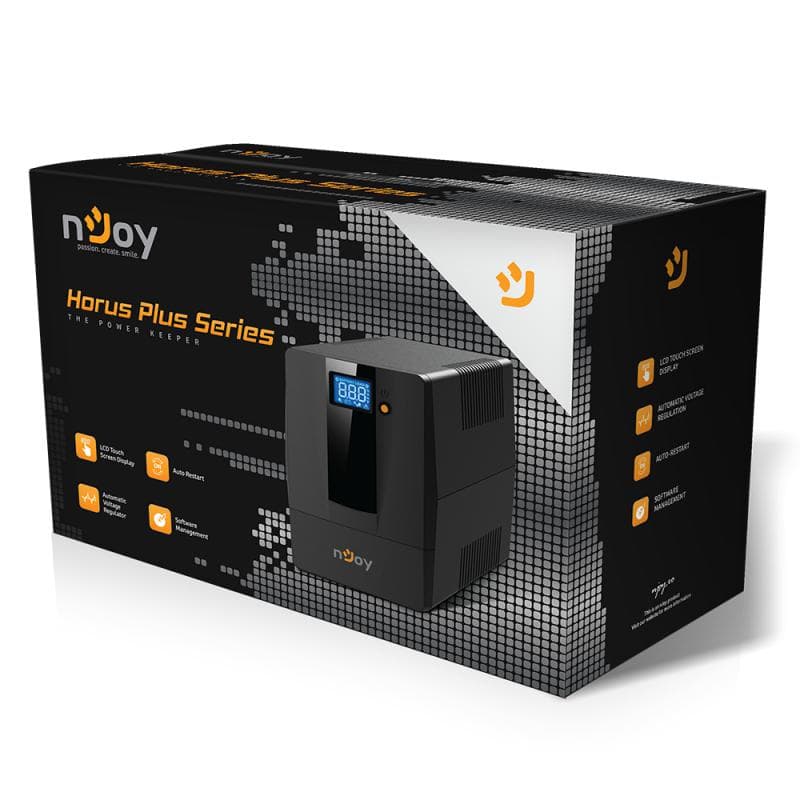 UPS nJoy Horus Plus 2000, 2000VA/1200W, Afisaj LCD cu ecran tactil, 4 Prize Schuko cu Protectie, Repornire Automata, RJ11 protectie pentru linia de telefon/modem, Posibilitatea de monitorizare si control prin USB, LAN si internet, port de comunicare USB, rata de eficienta pana la 90%