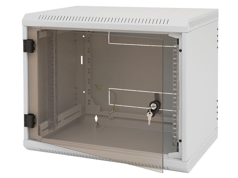 Rack de perete Triton seciune simpla 4U 600mm adancime usa sticla panouri laterale fixe sectiuni ventilatie activa, sectiuni acces cabluri sus/jos/spate securizare cu cheie, 1 pereche montanti reglabili IP30 gri