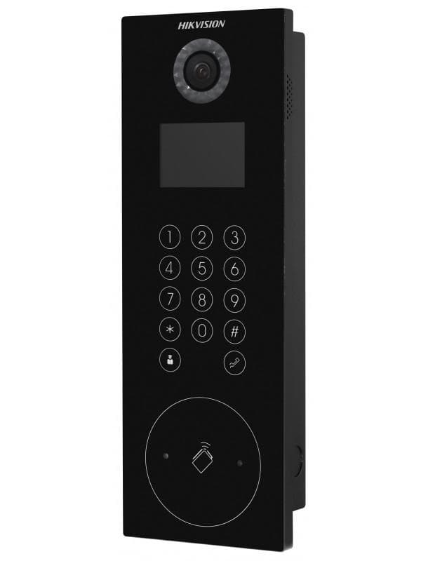 Post videointerfon de exterior pentru blocuri Hikvision DS-KD8103-E6, monitor LCD color  3.5-inch, rezolutie 480 × 320, camera video 2MP HD, unghi vizualizare: 120° wide, deschidere cu card si cod pin, capacitate utilizatori: 10000, capacitate conectare posturi interior: 500, audio: microfon si