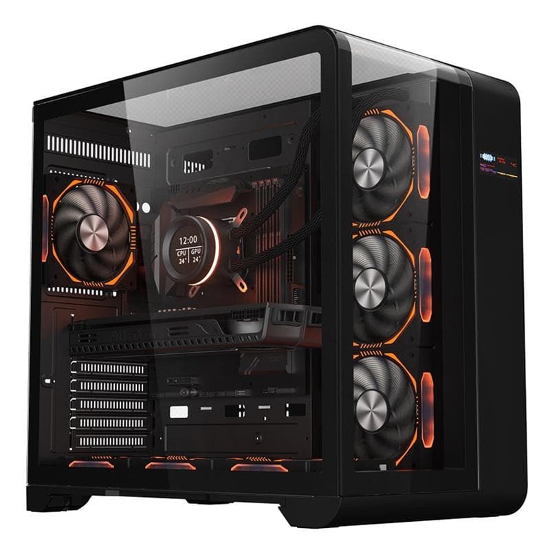 Carcasa 1stPLAYER Gaming RT7-bk, afisaj digital, 4 ventilatoare aRGB infinity efect, telecomanda, ATX, negru