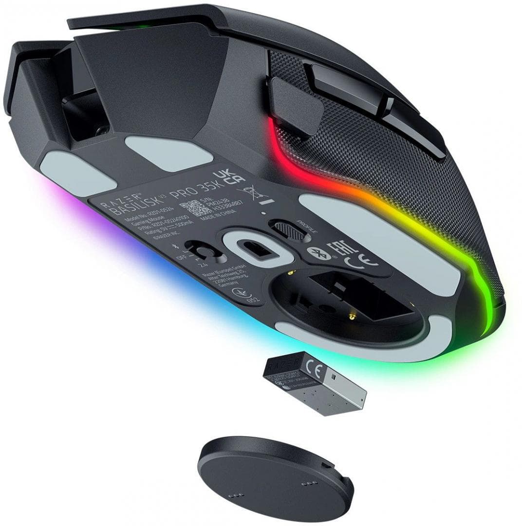 Razer Basilisk V3 35K, wireless, bluetooth, rezolutie maxima 35000 DPI, 11 butoane programabile, autonomie pana la 140h (mod wireless, miscare constanta la 1000Hz),  pana la 210h (mod bluetooth),  iluminare Razer Chroma™ RGB, senzor Focus Pro 35K Optical Sensor Gen-2,  negru