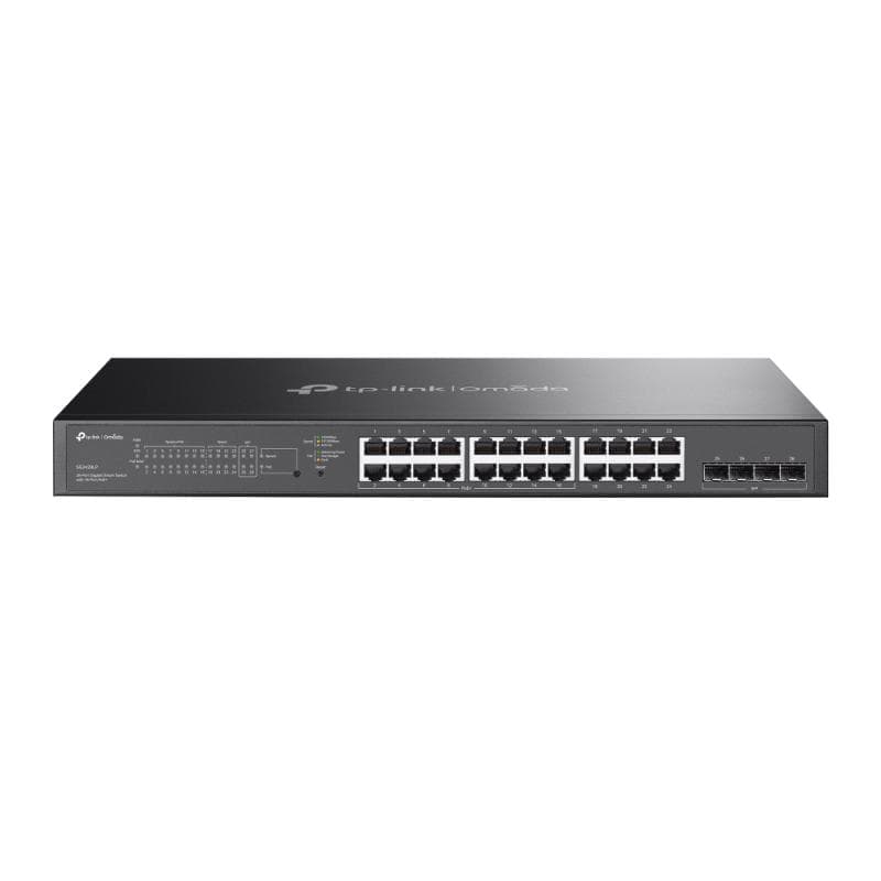 Omada 28-Port Gigabit Smart Switch with 16-Port PoE+ PORT: 24× Gigabit Ports (16×PoE+ and 8× Non-PoE), 4× Gigabit SFP Slots SPEC: 16× 802.3at/af, 150 W PoE Power, 1U 19-inch Rack-mountable Steel Case, Fanless FEATURE: Integration with Omada SDN Controller, Static Routing, 802.1Q VLAN, STP/RSTP/MSTP