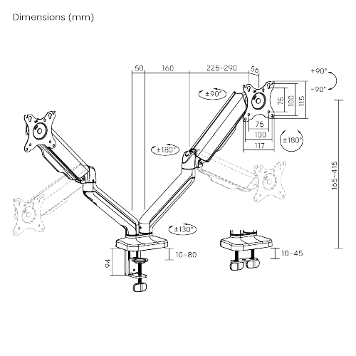Braț pentru monitor cu contragreutate Material: Oțel, Plastic Tehnologie: Arc Suprafață finisaj : Vopsit electrostatic, Acoperire cu Pulbere Dimensiune compatibila ecran: 17"-32" Greutate maxima (pe ecran): 2~9 kg Compatibilitate VESA: 75x75, 100x100 Interval de inclinare : +90°-90° Interval de