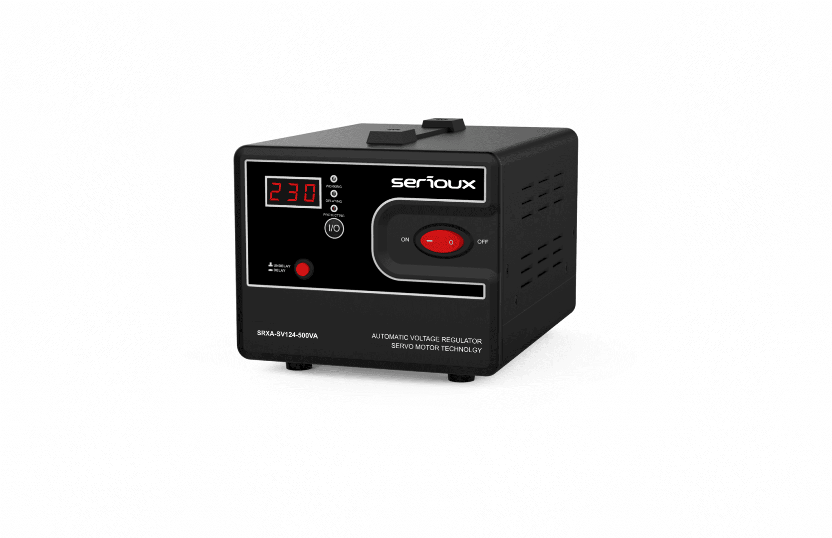 Stabilizator de tensiune Serioux Servo 124-500VA, putere 500VA/300W, tip servo motor, transformator toroidal+ Servo motor, interval tensiune intrare 150V ~ 260V, interval frecvența intrare 45Hz ~ 65Hz, tensiune de ieșire 230V, precizie de ieșire ±3%, prize: 1x Schuko, distorsiuni  <3%, eficienţă