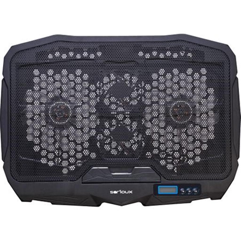 Cooling pad Serioux, SRXNCP025, Dimensiuni: 390*280*28mm, Compatibilitate maxima laptop: 17.3 inch, Numar ventilatoare: 4, Dimensiune ventilator: 2 x 125*125*15mm / 2 x 70*70*15mm, Nivel zgomot: 15-20dB, Flux aer: 56-75CFM, Tensiune alimentare: DC 5V, Viteza rotatie maxima: 1200 RPM, Display LCD, 2