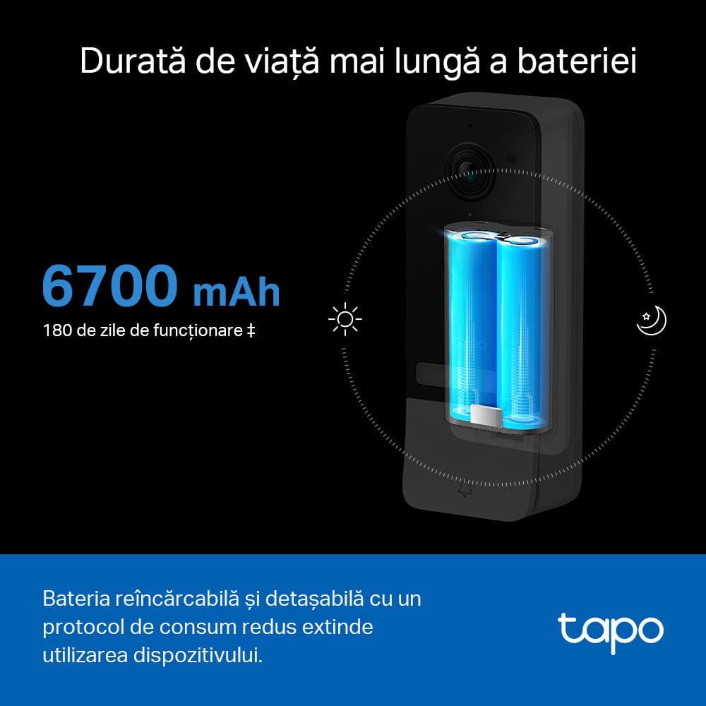 TP-Link Sonerie video smart TAPO D230S1, Senzor: 1/2.7“, Lentile F/NO: 2.1, IR pana la 7m, Rezistenta la ap: IP64, Unghi vizualizare: 160° pe diagonală, Rezolutie: 2K 5MP (2560 × 1920px), Compresie video: H.264, Microfon și difuzor încorporate, Standarde și Protocoale: IEEE 802.11b/g/n, 2.4 GHz