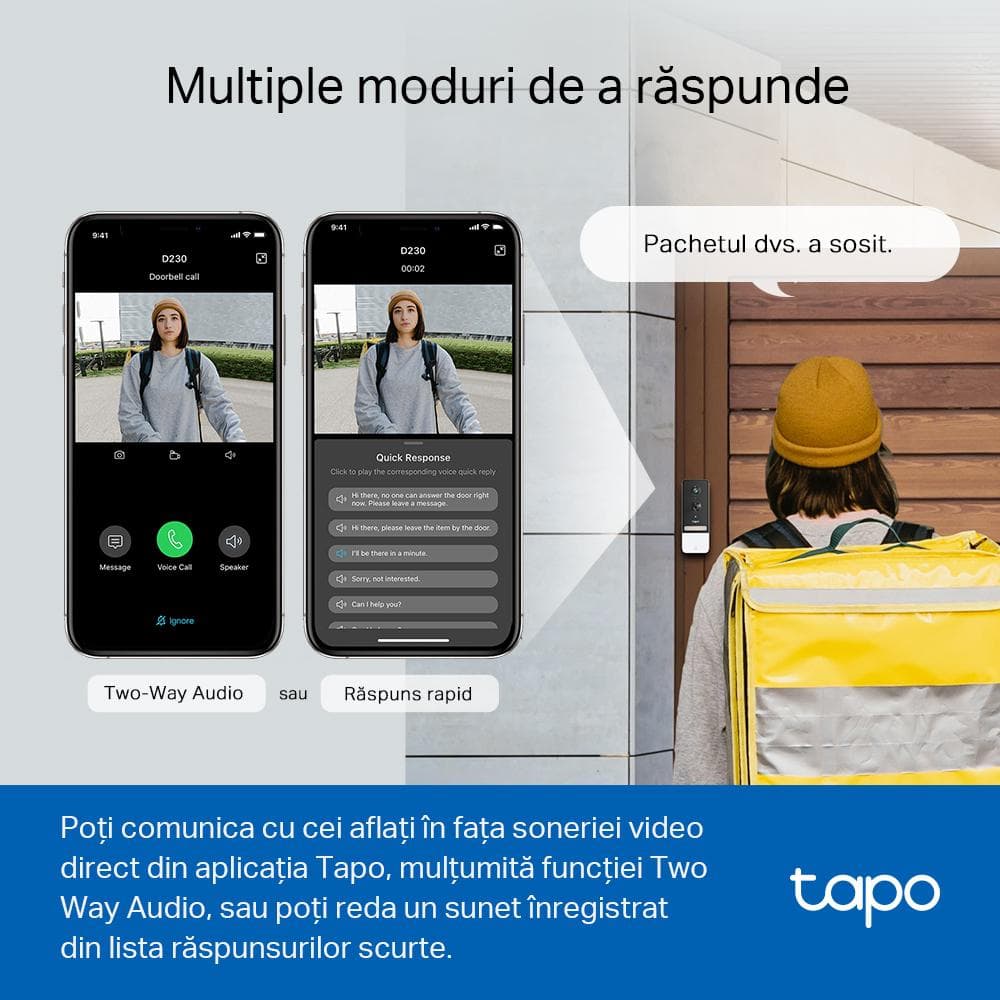 TP-Link Sonerie video smart TAPO D230S1, Senzor: 1/2.7“, Lentile F/NO: 2.1, IR pana la 7m, Rezistenta la ap: IP64, Unghi vizualizare: 160° pe diagonală, Rezolutie: 2K 5MP (2560 × 1920px), Compresie video: H.264, Microfon și difuzor încorporate, Standarde și Protocoale: IEEE 802.11b/g/n, 2.4 GHz