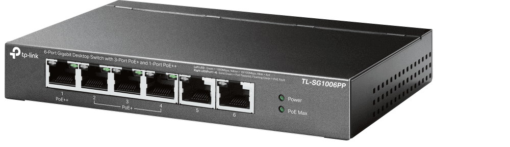 "6-Port Gigabit Desktop Switch with 3-Port PoE+ and 1-Port PoE++ PORT: 1× Gigabit PoE++ Port, 3× Gigabit PoE+ Ports, 2x Gigabit Non-PoE Ports SPEC: 802.3af/at/bt type3, 64 W PoE Power,  Desktop Steel Case FEATURE: Extend Mode for 250m PoE Transmitting for Port1-2, PoE Auto Recovery for Port1-4, Plug