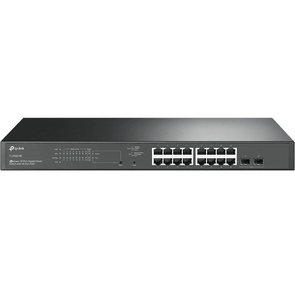 "JetStream™ 18-Port Gigabit Smart Switch with 16-Port PoE+ PORT: 16× Gigabit RJ45 Ports, 2× Gigabit SFP Slots SPEC: 802.3at/af, 150 W PoE Power, 1U 19-inch Rack-mountable Steel Case FEATURE: Integration with JetStream™ SDN Controller, Static Routing, 802.1Q VLAN, STP/RSTP/MSTP, IGMP Snooping