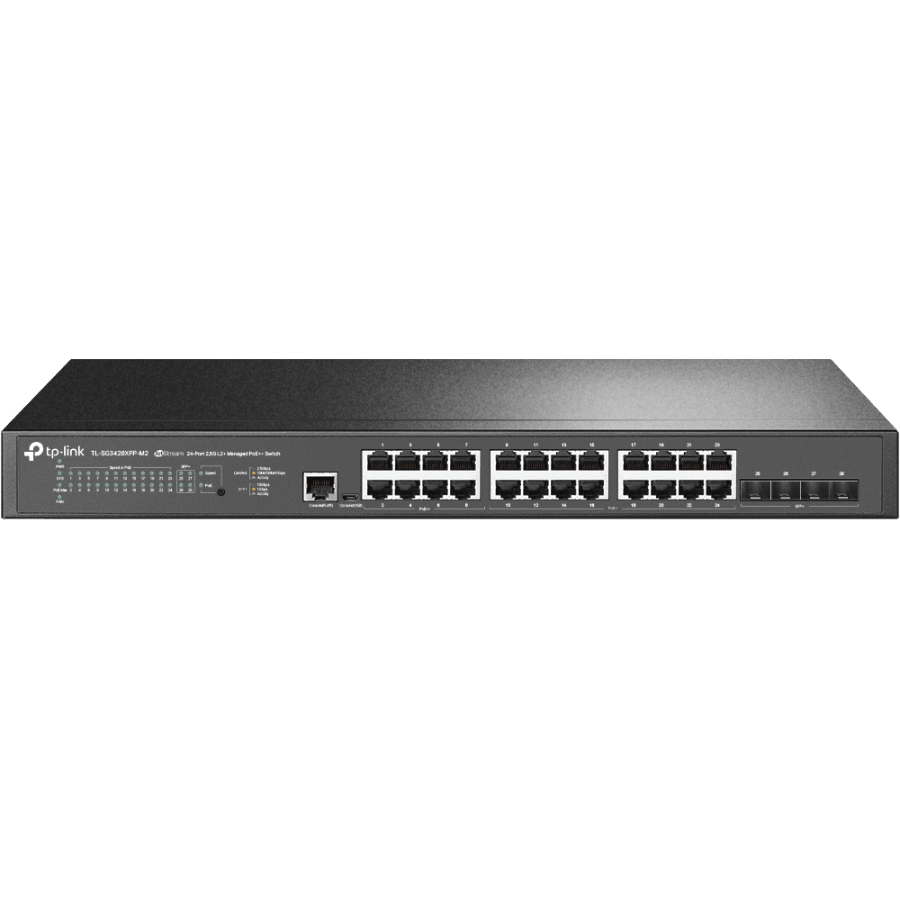 "JetStream™ 24-Port 2.5GBASE-T and 4-Port 10GE SFP+ L2+ Managed Switch with 16-Port PoE+ & 8-Port PoE++ PORT: 24× 2.5G RJ45 Ports (8× 2.5G PoE++ Ports & 16× 2.5G PoE+ Ports), 4× 10G SFP+ Slots, RJ45/Micro-USB Console Port SPEC: 802.3bt/at/af, 500 W PoE Power, 1U 19-inch Rack-mountable Steel Case