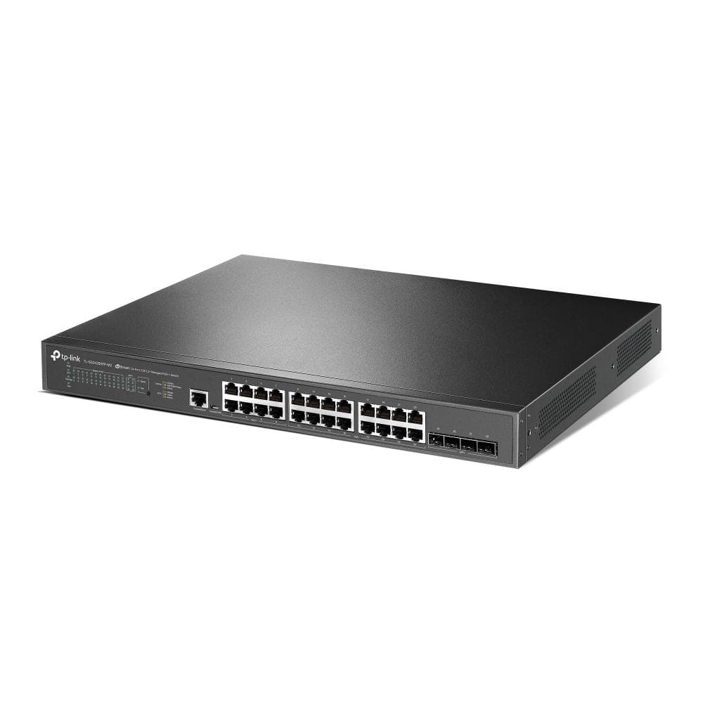 "JetStream™ 24-Port 2.5GBASE-T and 4-Port 10GE SFP+ L2+ Managed Switch with 16-Port PoE+ & 8-Port PoE++ PORT: 24× 2.5G RJ45 Ports (8× 2.5G PoE++ Ports & 16× 2.5G PoE+ Ports), 4× 10G SFP+ Slots, RJ45/Micro-USB Console Port SPEC: 802.3bt/at/af, 500 W PoE Power, 1U 19-inch Rack-mountable Steel Case