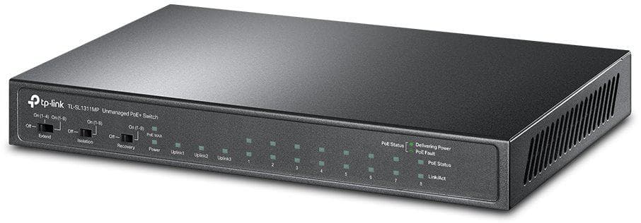 "8-Port 10/100Mbps + 3-Port Gigabit Desktop Switch with 8-Port PoE+ PORT: 8× 10/100 Mbps PoE+ Ports, 2× Gigabit Non-PoE Ports, 1× Gigabit SFP Slots SPEC: 802.3at/af, 124 W PoE Power, Desktop Steel Case FEATURE: Extend Mode for 250m PoE Transmitting, Isolation Mode, PoE Auto Recovery, Plug and Play"