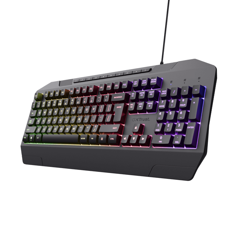Tastatura Trust cu fir GXT836 Evocs, numar butoane 114, interfata USB 2.0, conector USB-A, iluminare RGB rainbow, negru