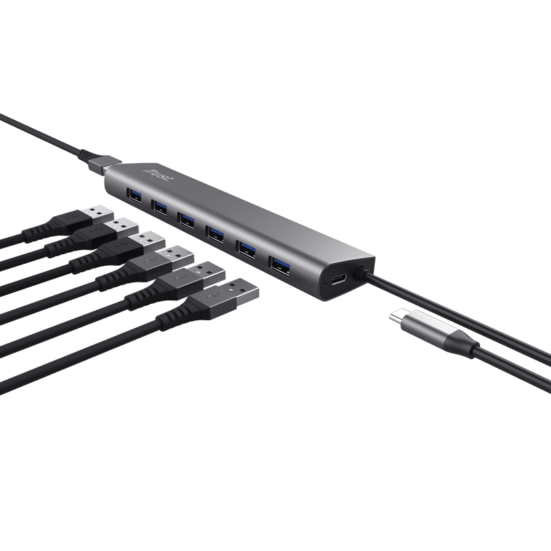 Hub Trust Halyx , 7 porturi USB 3.2 Gen 1, material aluminiu, input USB- C, output USB-A 7, gri
