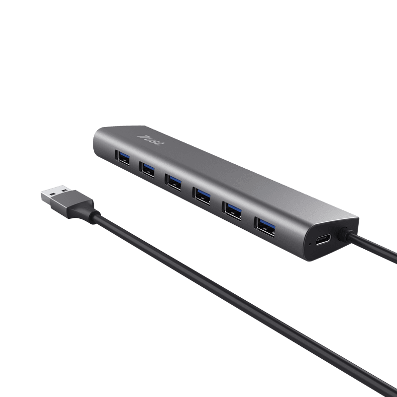 Hub Trust Halyx , 7 porturi USB 3.2 Gen 1, material aluminiu, input USB- C, output USB-A 7, gri