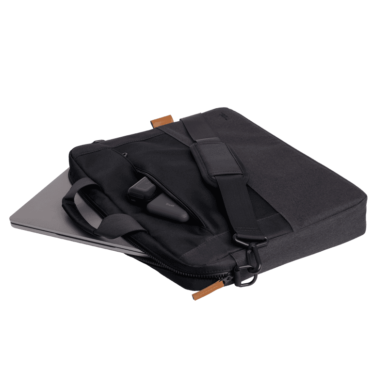 Geanta laptop Trust Lisboa, pentru laptopuri cu diagonala pana in 16",2 compartimente, material POM, RPET Polyester, RPET, volum 2.1 L, negru