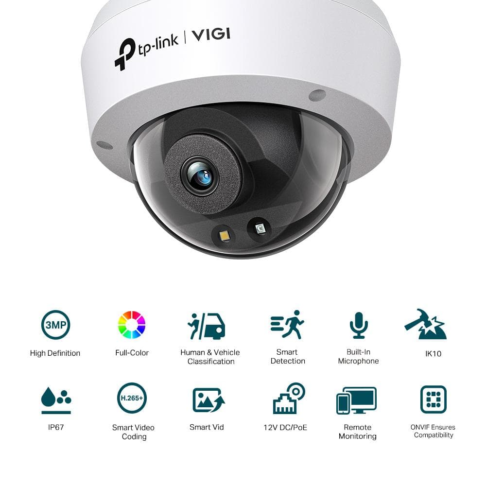 Camera IP Dome TP-Link VIGI C230(2.8MM), 3MP, Lentila 2.8mm, IR+WL 30ml, rezolutie video 2304 × 1296, H.265+/H.265/H.264+/H.264,