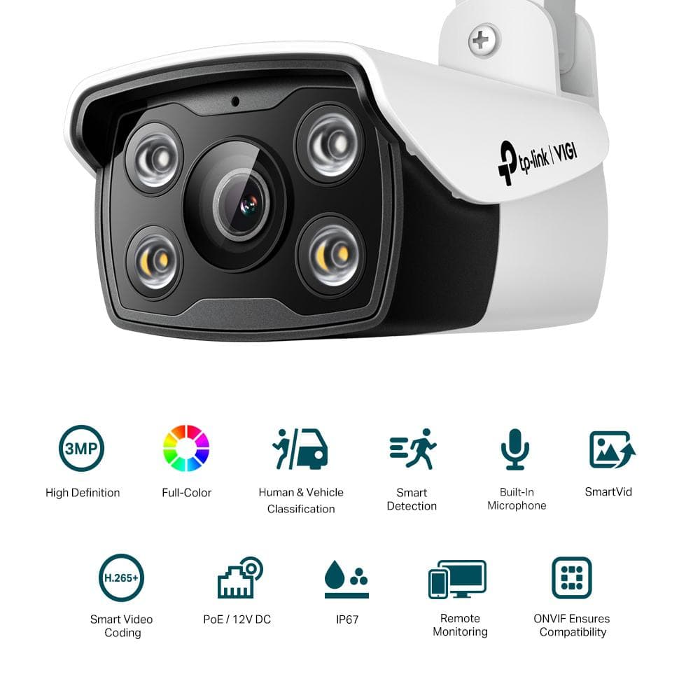 "TP-Link Camera IR de supraveghere Bullet pentru exterior VIGIC330(4MM), Senzor imagine: CMOS 1/2.8"", Lentila 4mm, F1.6,Weatherproof: IP67, Infrarosu: 30m, Detectare: 70m, Observare: 29m, Recunoastere: 10m, Identificare: 5mUnghi vizualizareHorizontal FOV: 89.1°, Vertical FOV: 45.1°, Diagonal FOV