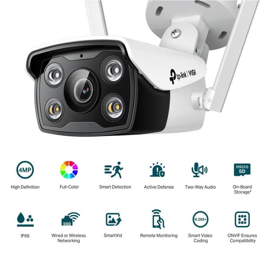 "TP-LINK VIGI 4MP Outdoor Bullet Network WIFI Camera,VIGI C340-W(4mm), 1/3""Progressive Scan CMOS, obiectiv: 4mm, F1.6,  unghi vizualizare  Horizontal FOV: 79°, Vertical FOV: 43°, Diagonal FOV: 93°distanta IR: 30mm, interfata : 2.4 GHz, 1 x RJ45 10/100M. Ip66"