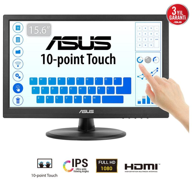Monitor Asus 15.6" VT169HE, Touch: Yes, Diagonal (inch): 15.6, Diagonal (cm): 39, Aspect ratio: 16:9, Panel: IPS, Refresh Rate: 60Hz, Response time GtG: 5ms, Brightness (max): 250 cd/m², Contrast (static) : 1000:1, Viewing angle: 170/170, Colours: 262K, VESA Wallmount: 75x75, Tilt: -5/+30, D-SUB: 0