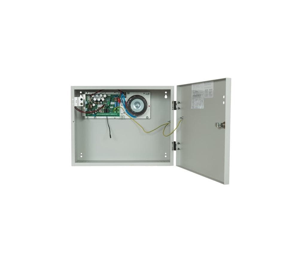 Sursa de alimentare pentru sisteme de detectie incendiu 24V/5A in cutie  metalica, loc pentru 2 acumulatori 12V/18A. Sursele sunt certificate EN 54-4, Vds; EN 12101-10;