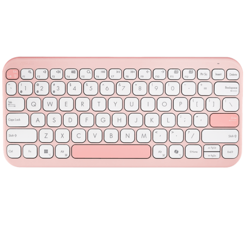 Tastatură wireless ASUS Marshmallow KW100, Bluetooth 5.0, multi-device (3 dispozitive), scissor keys cursă 1,6 mm, 2 niveluri kickstand, 2×AAA autonomie până la ~24 luni, dimensiuni 282×130×18,4 mm, greutate 374,8 g, compatibilă Windows, ChromeOS, macOS, iOS, iPadOS