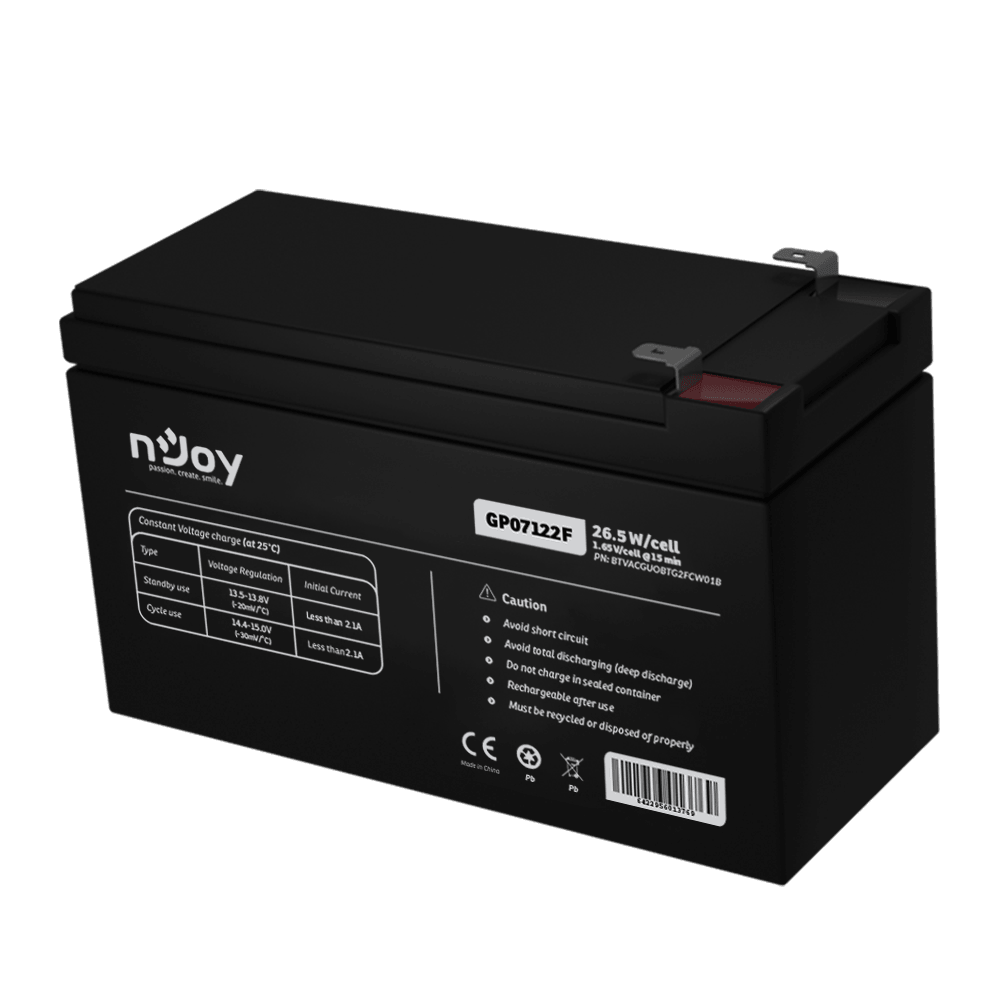 Acumulator nJoy GP07122F 12V 23.51W/cell Battery Model GP07122F Voltage 12V Power (1,65V/cell@15 min) 23.51W/cell Type VRLA - maintanance free Designed Floating Life 3~5 years Nominal Operating Temp. Range 25o C ± 3o C Terminal F2 terminal -Faston Tab 250 Construction Container & Cover ABS Safety