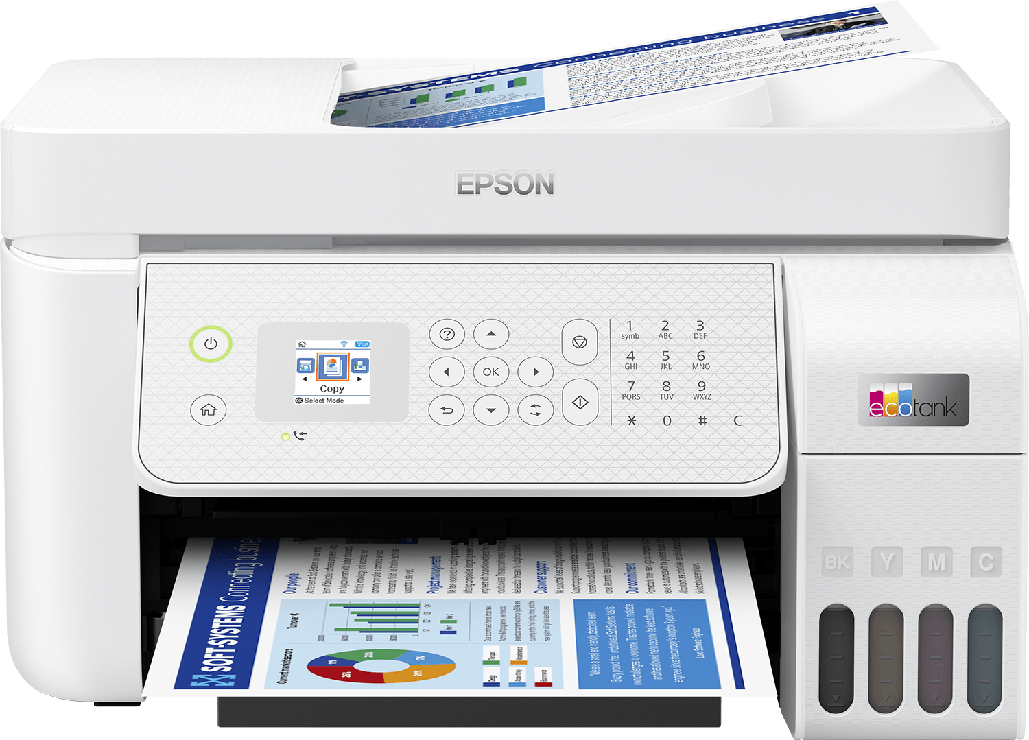Multifunctional inkjet color Epson EcoTank CISS L5316, culoare: alb, dimensiune A4(Printare,Copiere, Scanare, Fax), printare borderless, viteza 33ppm alb-negru, 15ppm color, rezolutie 5760 x 1440 dpi, alimentare hartie 100 coli, ADF 30 coli, scanner CIS, rezolutie 1200 x 2400 dpi, interfata: USB