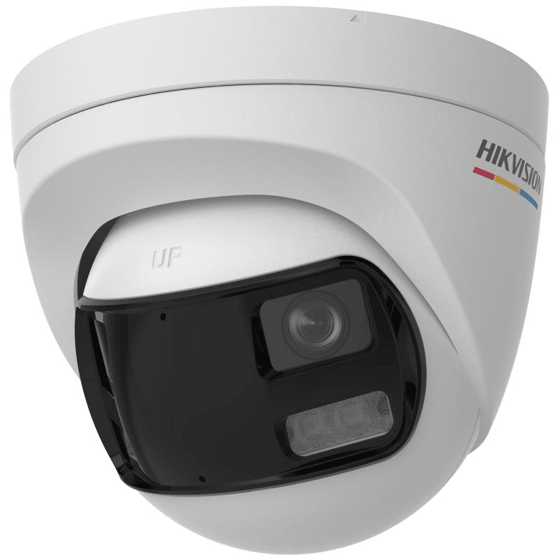 Camera de supraveghere Turret 3K Hikvision DS-2CE72KF3TP-DLS, lentila duala fixa 2.8mm, iluminare min: 0.0005 Lux @ (F1.0, AGC ON), 0 Lux cu lumina alba: 40m, IR: 40m, microfon incorporat, alimentare: 12 VDC ± 25%, max. 8.9 W, protectie: IP67, dimensiuni: Ø130.11 mm × 109.2 mm, greutate: 570g