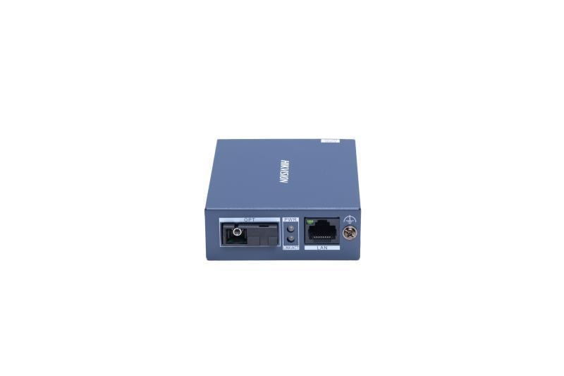Receptor Hikvision DS-3D501R-3, 1 x 10/100/1000 Mbps RJ45 port and 1 x 1000 Mbps SC fiber optical port, industrial-grade metal shell with stronger heat dissipation capability, lungime unda: Tx1550 nm/Rx1310 nm, alimentare: 5VDC, 0.6A, dimensiuni: 71.6 mm × 26.1 mm × 94.1 mm, greutate: 0.13kg