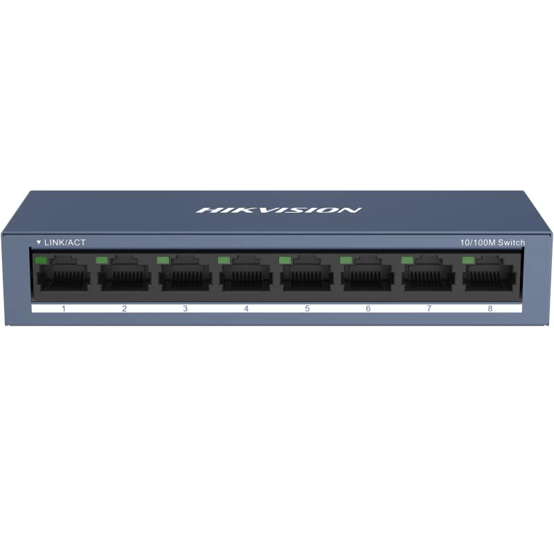 Switch Hikvision DS-3E0108-O: 8 × 10/100 Mbps RJ45 Port, tensiune alimentare 5 VDC, 1A., dimensiuni: 142.4 mm × 25.6 mm × 53.1 mm, greutate: 0.2 kg, montare pe birou sau pe perete.