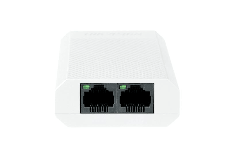 Repetor PoE Hikvision DS-3E0503DP-E/R: 1 × Gigabit PoE IN port si 2 × Gigabit PoE OUT port, buget PoE 30W, dimensiuni: 88.0 mm × 22.0 mm × 58.0 mm, greutate: 0.058 kg, montare pe birou.