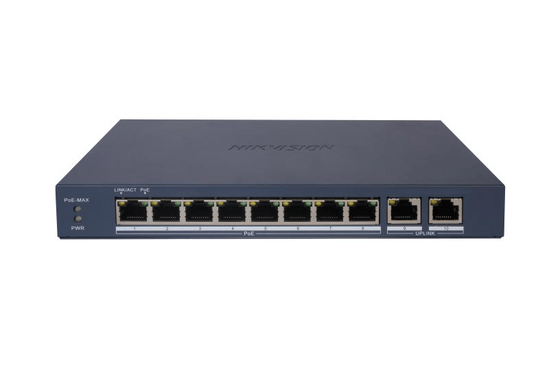 Switch PoE Hikvision DS-3E1510P-EI/M(B): 8 × Gigabit PoE port,2 × Gigabit RJ45 port, 8 porturi PoE maxim 30W, buget PoE 80W, tensiune alimentare 54VDC, 1.6A, dimensiuni: 217.6 mm × 27.6 mm × 108.5 mm, greutate: 0.54kg, montare pe birou sau pe perete.