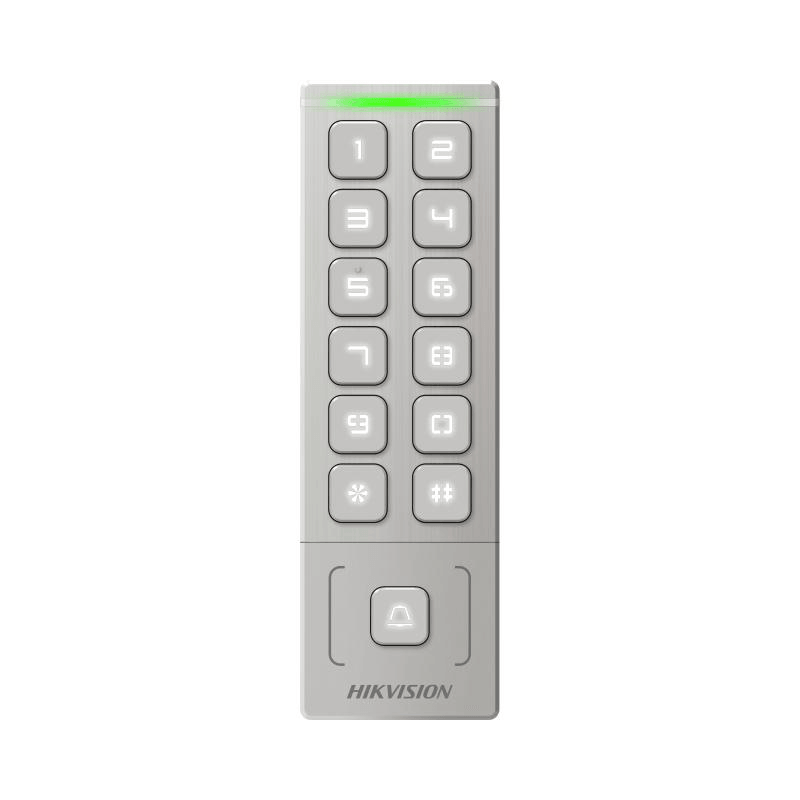Cititor de proximitate cu tastatura Hikvision DS-K1T809MX, card sau PIN, maxim 1000 carduri si 1000 useri, cititor pentru carduri M1 incorporat, Wiegand out, supports Wiegand 26/34, alimentare: 12 VDC, 1 A,  protectie: IP65, dimensiunii: 151 mm × 48 mm × 21.5 mm, montare aparenta.