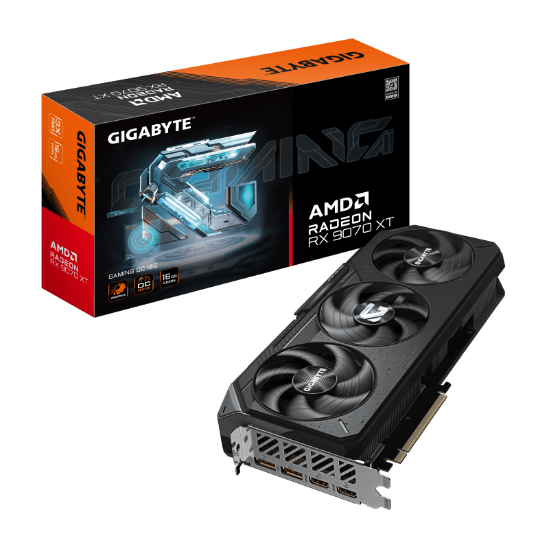 Placă video GIGABYTE GV-R9070XTGAMING OC-16GD, GPU AMD RDNA 4, 16 GB GDDR6 256-bit, PCIe 5.0 x16, frecvență boost OC, ieșiri 3×DisplayPort 2.1 + 1×HDMI 2.1.