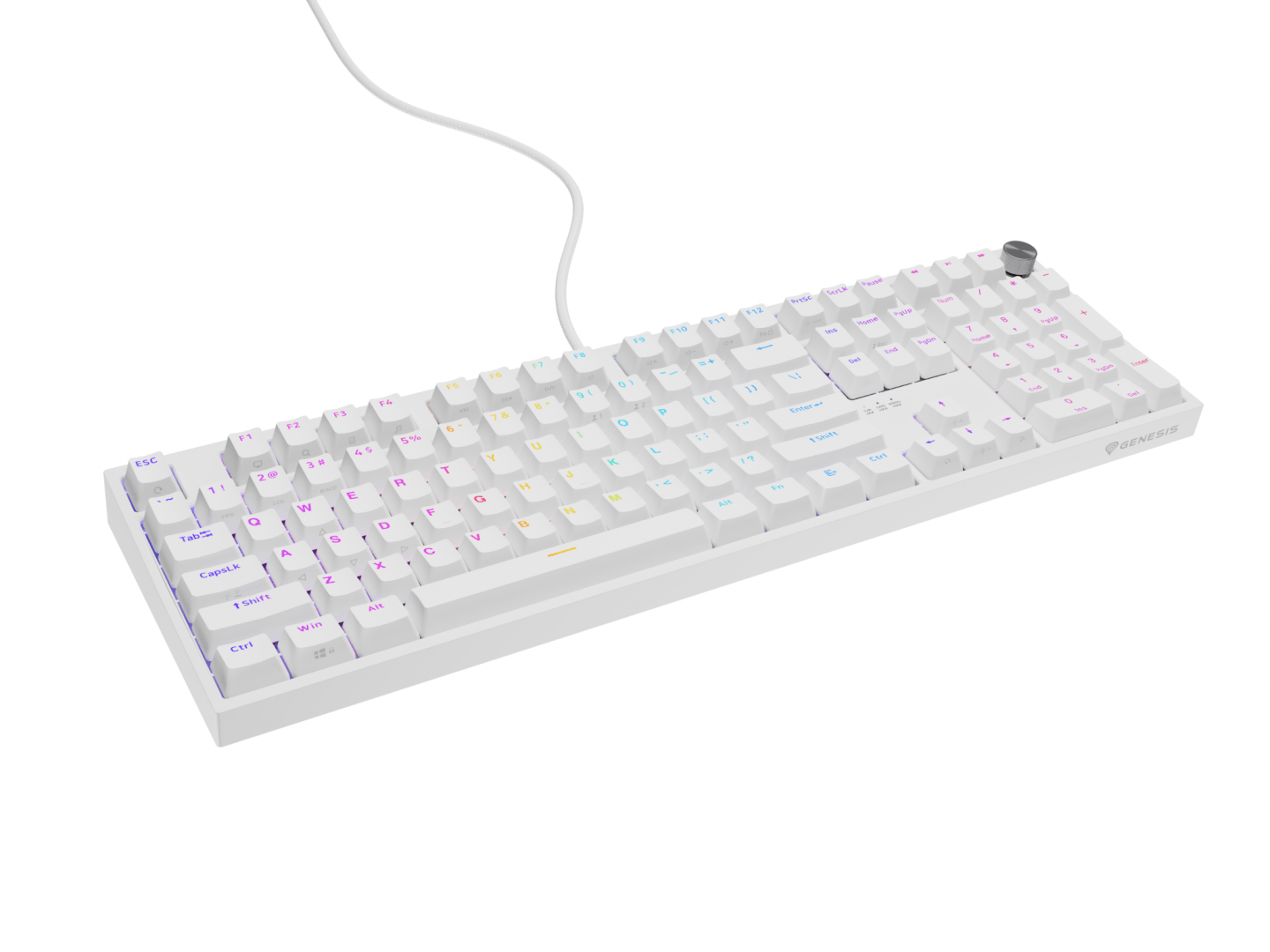 Tastatura gaming mecanica cu fir Genesis Thor 404, iluminare RGB, 107 taste, 11 butoane multimedia, alb