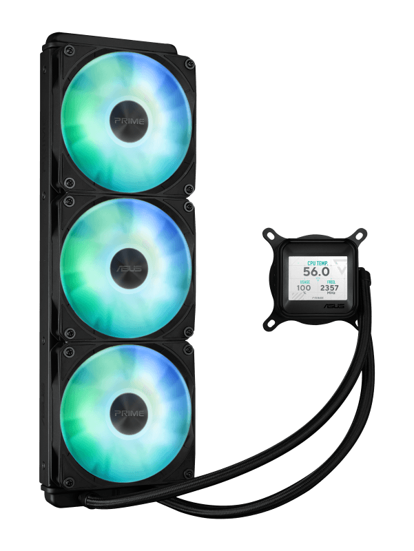 Cooler Procesor ASUS PRIME LC 360 LCD ARGB NEGRU, marime radiator 360mm, 3 ventilatoare ARGB, Viteza ventilatoare 2200 RPM +/- 10%, Suport AMD: AM4, AM5, suport INTEL: LGA 1851/115x/1200/1700, Airflow: 75.7 CFM, Nivel de zgomot ventilatoare: 37.6dBA