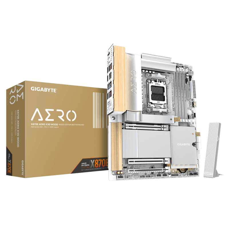 GIGABYTE X870E AERO X3D WOOD. Processor manufacturer: AMD, Processor socket: Socket AM5, Compatible processor series: AMD Ryzen 7000  Series, AMD Ryzen 8000 Series, AMD Ryzen 9000 Series. Supported memory types: DDR5-SDRAM, Maximum internal memory: 256 GB, Memory slots type: DIMM. Supported storage