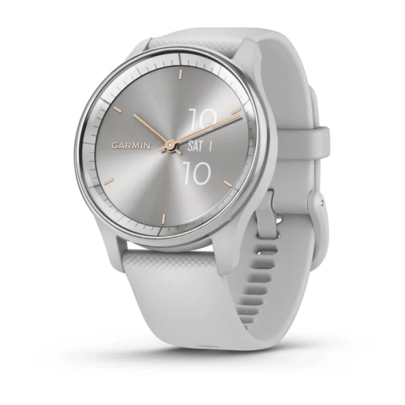 Garmin vivomove Trend. Display technology: LCD, Display resolution: 254 x 346 pixels, Touchscreen. GPS (satellite). Weight: 28.3 g. Waterproof up to: 50 m, Band material: Silicone, Band colour: Grey