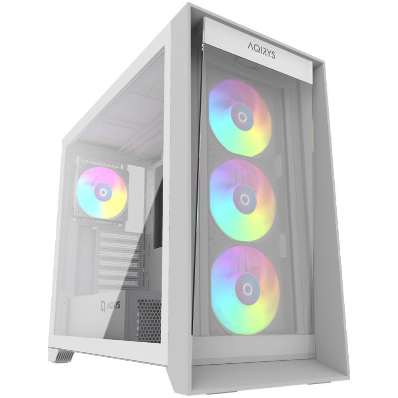 Carcasa AQIRYS XO-1 Mid Tower ARGB ALB, Tempered Glass, Sloturi Expansiune 7, Drive Bays: 3x3.5" 3x2.5", Ventilatoare Suportate: 14 (spate: 1x120mm, fata: 3x120mm sau 2x140mm, sus: 3x120mm sau 2x140mm, lateral: 3x120mm sau 2x140mm, jos: 1x120mm sau 1x140mm), Ventilatoare Incluse: 4 (spate: 1x120mm