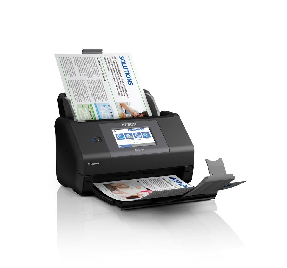 EPSON WORKFORCE ES-590W A4 SCANNER, Format A4, Scanner CIS, Sursa lumina LED, Rezolutie: 600 x 600 DPI, Senzor ultrasonic, Touchscreen 10.9cm, Viteza scanare: 45ppm, Capacitate : 100 coli, Volum zilnic:5000 pagini, Duplex single pass, Interfata: USB, WI-FI, LAN, Dimensiuni: 296 x 169 x 167 mm