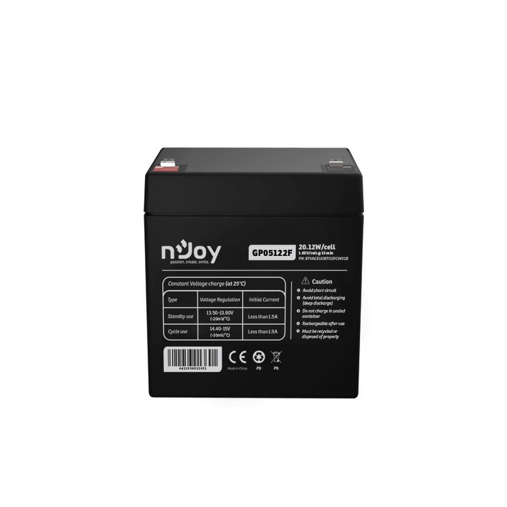 Acumulator nJoy GP05122F 12V 23.51W/cell Battery Model GP07122F Voltage 12V Power (1,65V/cell@15 min) 23.51W/cell Type VRLA - maintanance free Designed Floating Life 3~5 years Nominal Operating Temp. Range 25o C ± 3o C Terminal F2 terminal -Faston Tab 250 Construction Container & Cover ABS Safety