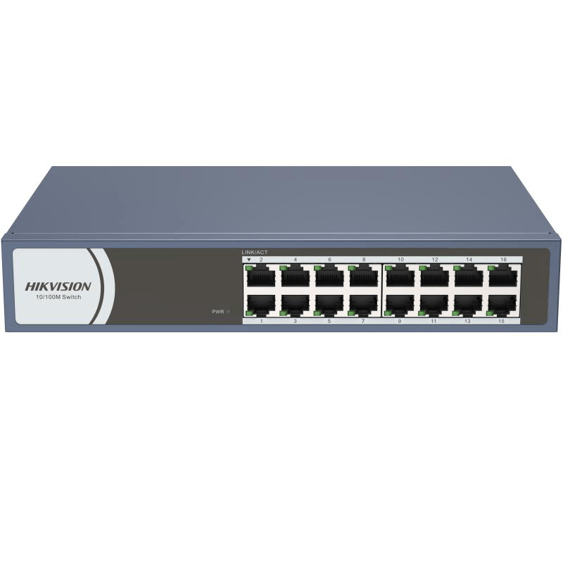 Switch Hikvision DS-3E0116R-O: 16 × 10/100 Mbps RJ45 Port, tensiune alimentare 220 VAC, 50/60 Hz, dimensiuni: 257..0 mm × 44.5 mm × 175.8 mm, greutate: 1.1kg, montare pe birou, in rack sau pe perete.