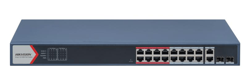 Switch 16 porturi POE Hikvision DS-3E1318P-EI(B), L2, Smart Managed, 16 × 100 Mbps PoE RJ45 ports si 2 × porturi gigabit, Putere PoE 230W, maxim 30W per port, Extend mode - pana la 300 metri, Switching capacity 7.2 Gbps, Visualized Topology Management, Network Health Monitor, Real-Time Alarm Push