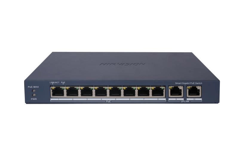 Switch PoE Hikvision DS-3E1510P-EI: 8 × Gigabit PoE port, 2 × Gigabit RJ45 port maxim 30W, buget PoE 110W, tensiune alimentare 54VDC, 2.22A, dimensiuni: 217.6 mm × 27.6 mm × 108.5 mm, greutate: 0.54kg, montare pe birou sau pe perete.