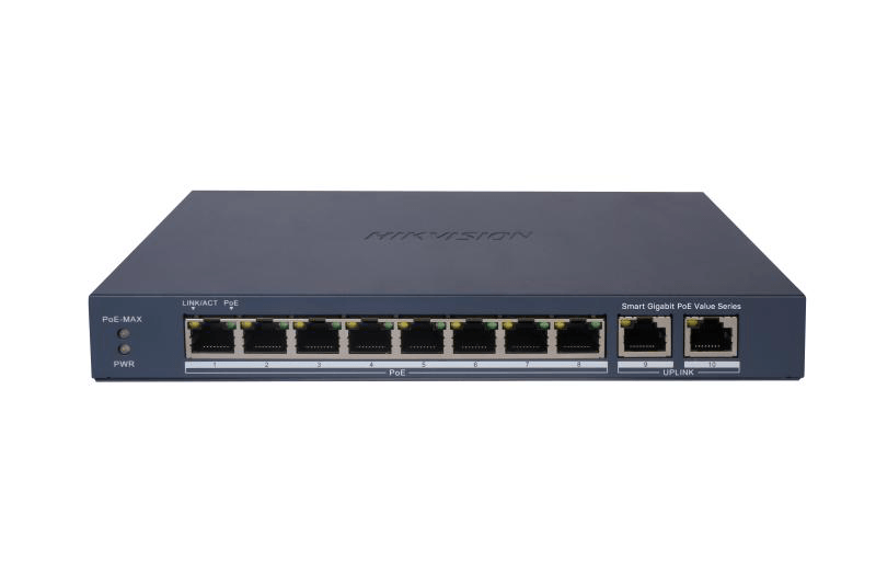 Switch 8 porturi Gigabit, Hikvision DS-3E1510P-EI/M, 8 × gigabit PoE ports, and 2 × Gigabit RJ45, IEEE 802.3af,IEEE 802.3at, MAC address table: 4 K, PoE power budget 60W (Max. port power 30W), material metal, dimensiuni: 217.6 mm × 27.6 mm × 108.5 mm, greutate: 1.08 kg