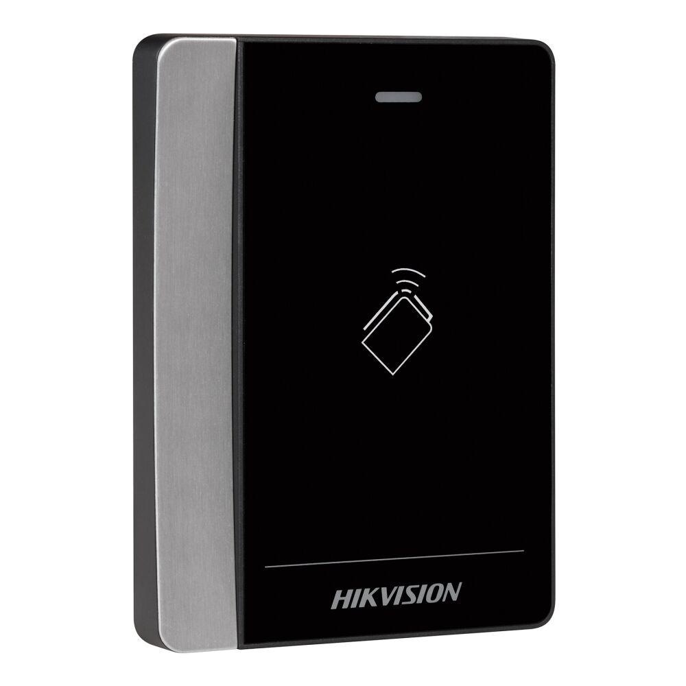 Cititor de carduri Hikvision DS-K1102AE, Pro series, suporta caduri EM frecventa:125KHz, conectivitate: RS-485 si protocol Wiegand (W26/ W34), distanta de citire: ≤ 50 mm, LED stare, beeper, Watchdog, alimentare: 12 VDC, dimensiuni: 121 mm × 86.5 mm × 14 mm, IP64, greutate: 0.14 kg