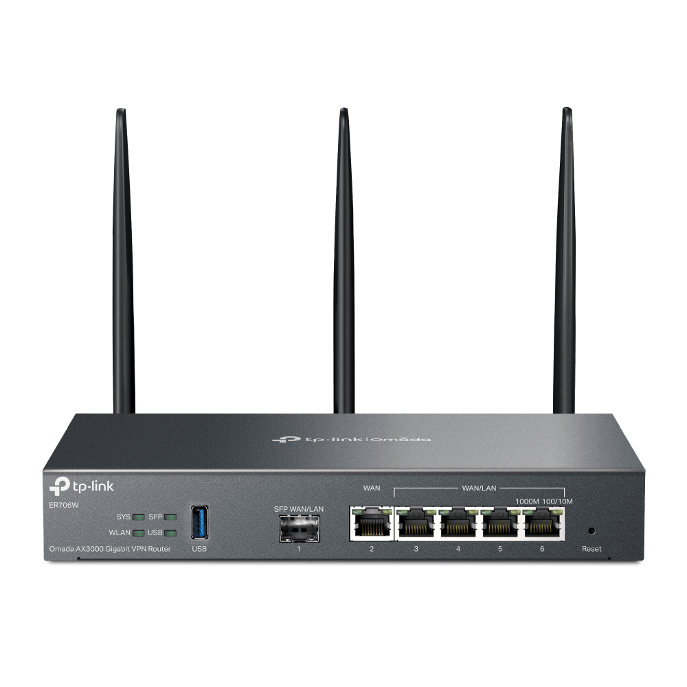 "Omada AX3000 Wi-Fi 6 Gigabit VPN Router PORT: 1× Gigabit SFP WAN/LAN Port, 1× Gigabit RJ45 WAN Port, 4× Gigabit WAN/LAN RJ45 Ports, 1× USB 3.0 SPEED: 574Mbps at 2.4 GHz + 2402 Mbps at 5 GHz (HE160) FEATURE: Integration with Omada SDN Controller, Support SSL VPN, OpenVPN and Wireguard/ IPsec/ PPTP/