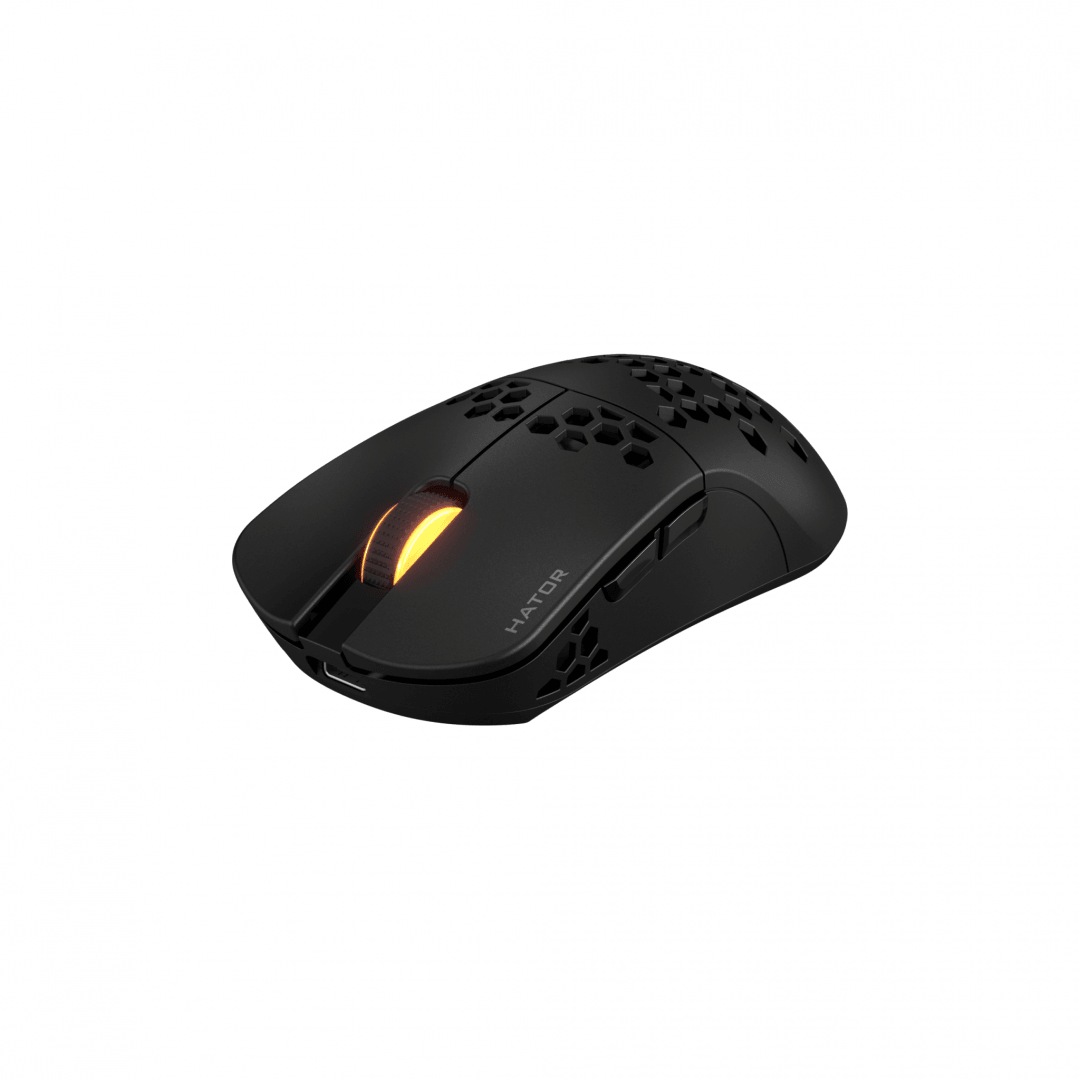 Mouse wireless Hator Stellar Pro, conectivitate 2.4GHz, bluetooth si USB, polling rate pana la 1000Hz, capacitate baterie 300mAh, durata de viata baterie in modul wireless pana la 18 ore (iluminare pornita), pana la 42 de ore (iluminare oprita), timp incarcare 2 ore, tip senzor Optical PixArt 3395